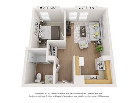 Floor plan for 1 bed, 1 bath, 672 sqft